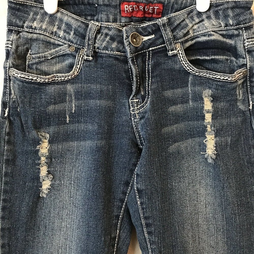 Red Rivet Destroyed Jeans Juniors - Picture 5 of 7
